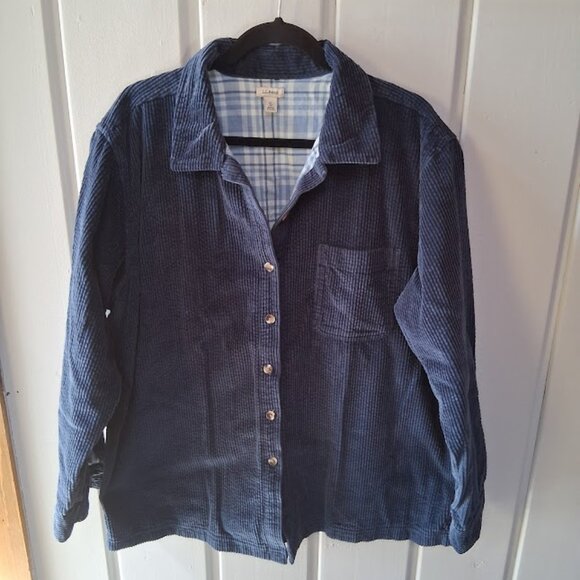 L.L. Bean Navy Blue Corduroy Plaid Lined Button Down Jacket Sz XL - Picture 1 of 7